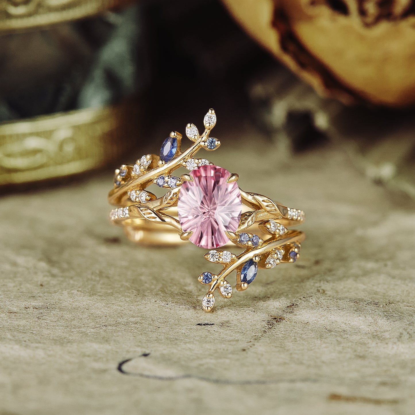 Aphrodite's Enchanted Vine | A Mythical Starbrite Cut Padparadscha Engagement Ring Set