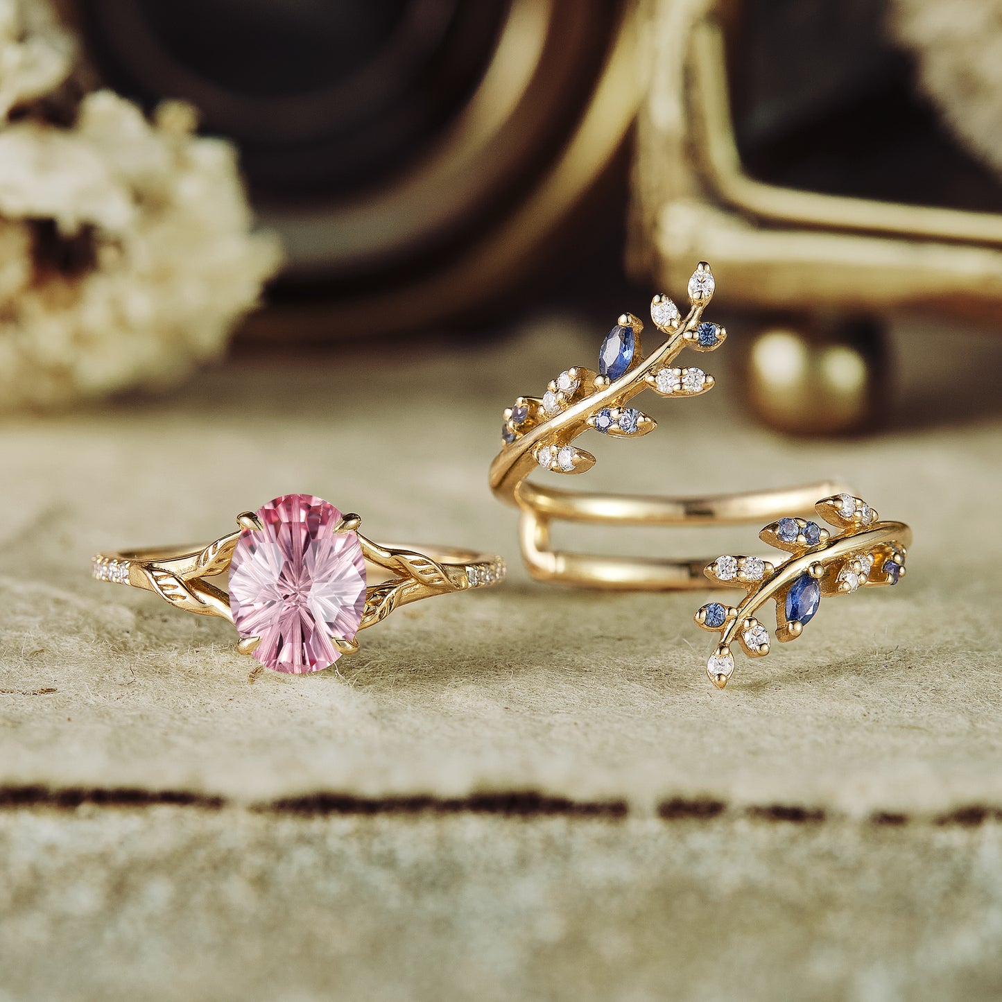 Aphrodite's Enchanted Vine | A Mythical Starbrite Cut Padparadscha Engagement Ring Set