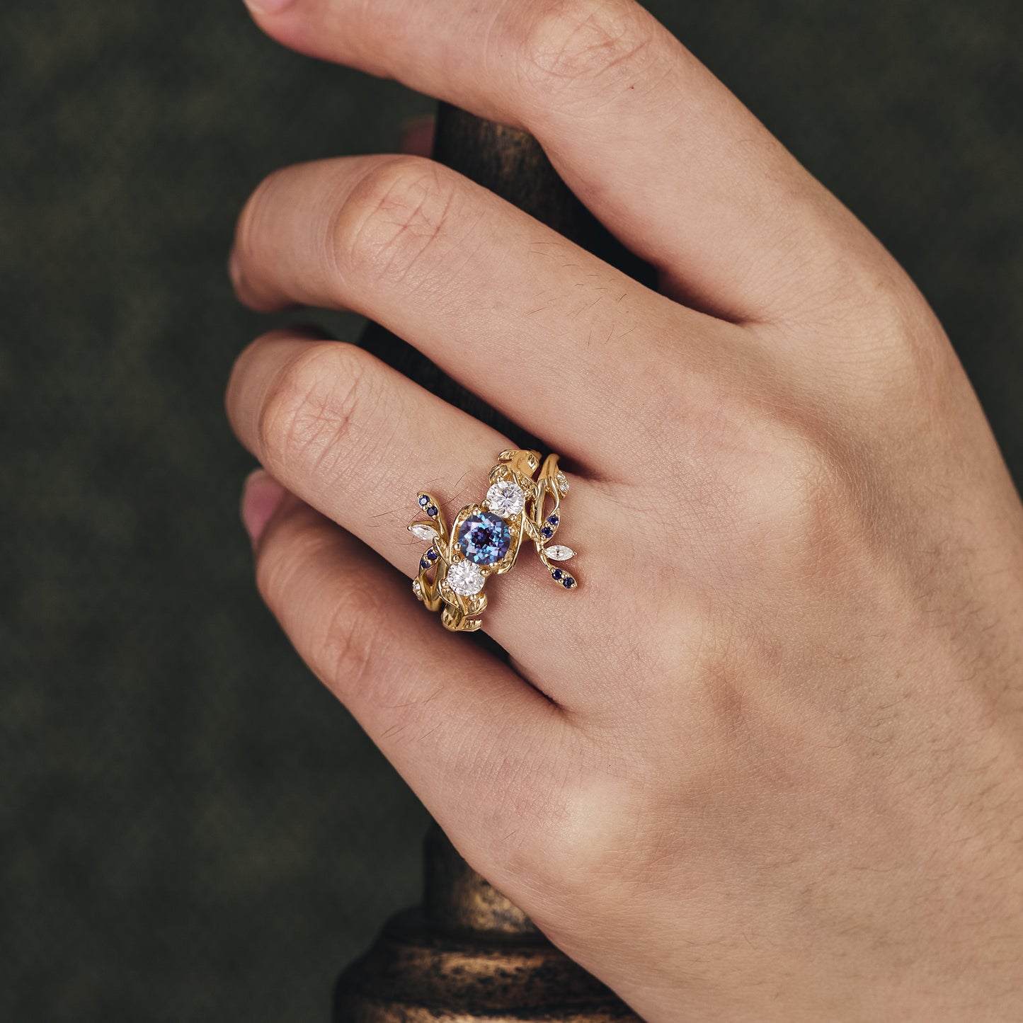 Gold cranberry vine ring set with lab alexandrite, moissanite, and sapphire accents