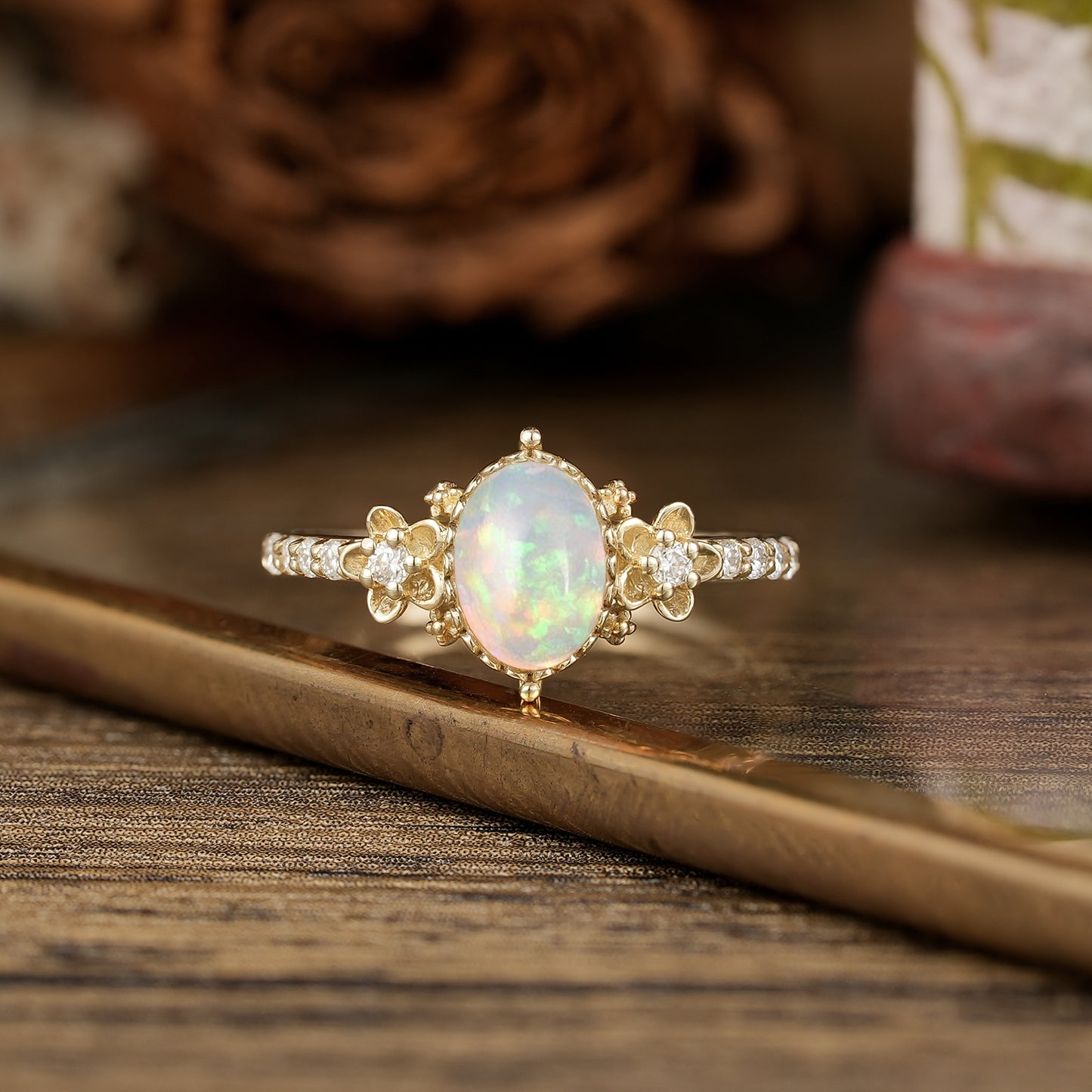 Hera's Opal Garden: A Floral and Leafy Ring