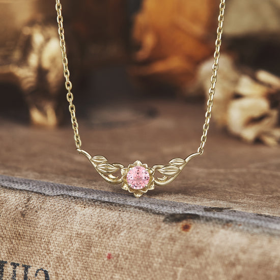 Golden Bloom: Pink Sapphire Floral Leaf Necklace - Ophelia