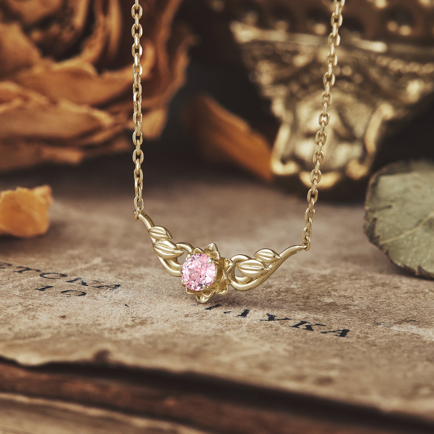 Golden Bloom: Pink Sapphire Floral Leaf Necklace - Ophelia