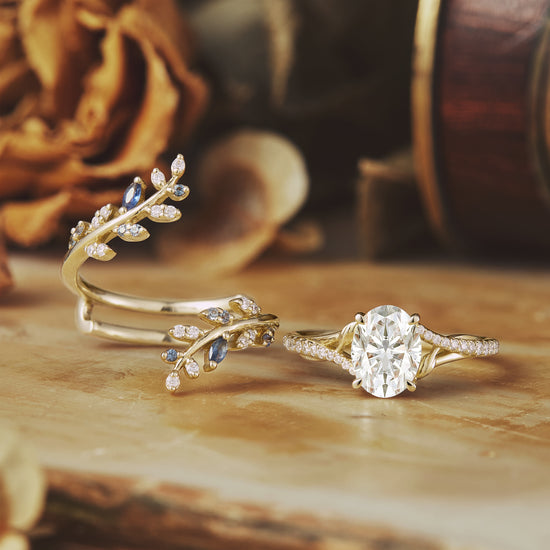 Nature-Inspired Moissanite and Sapphire Ring Set - Aurora