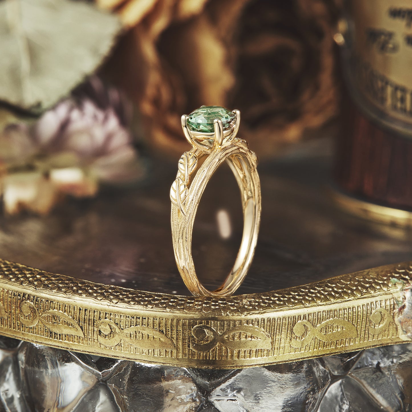 Textured Twig Green Sapphire Ring