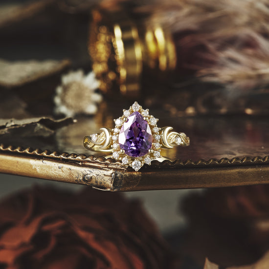 Moon and Leaf Design | Purple Sapphire Ring: Luna