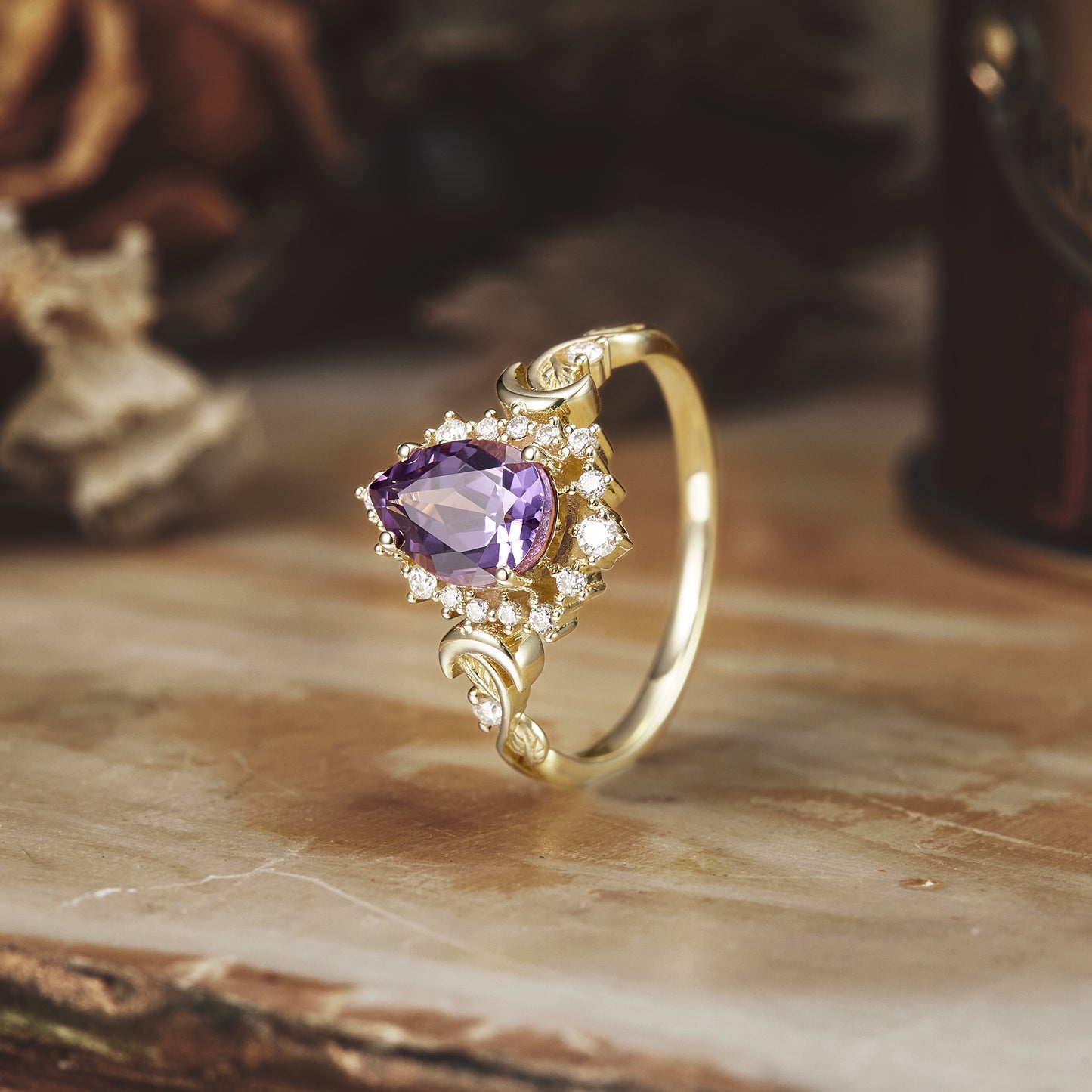 Moon and Leaf Design | Purple Sapphire Ring: Luna