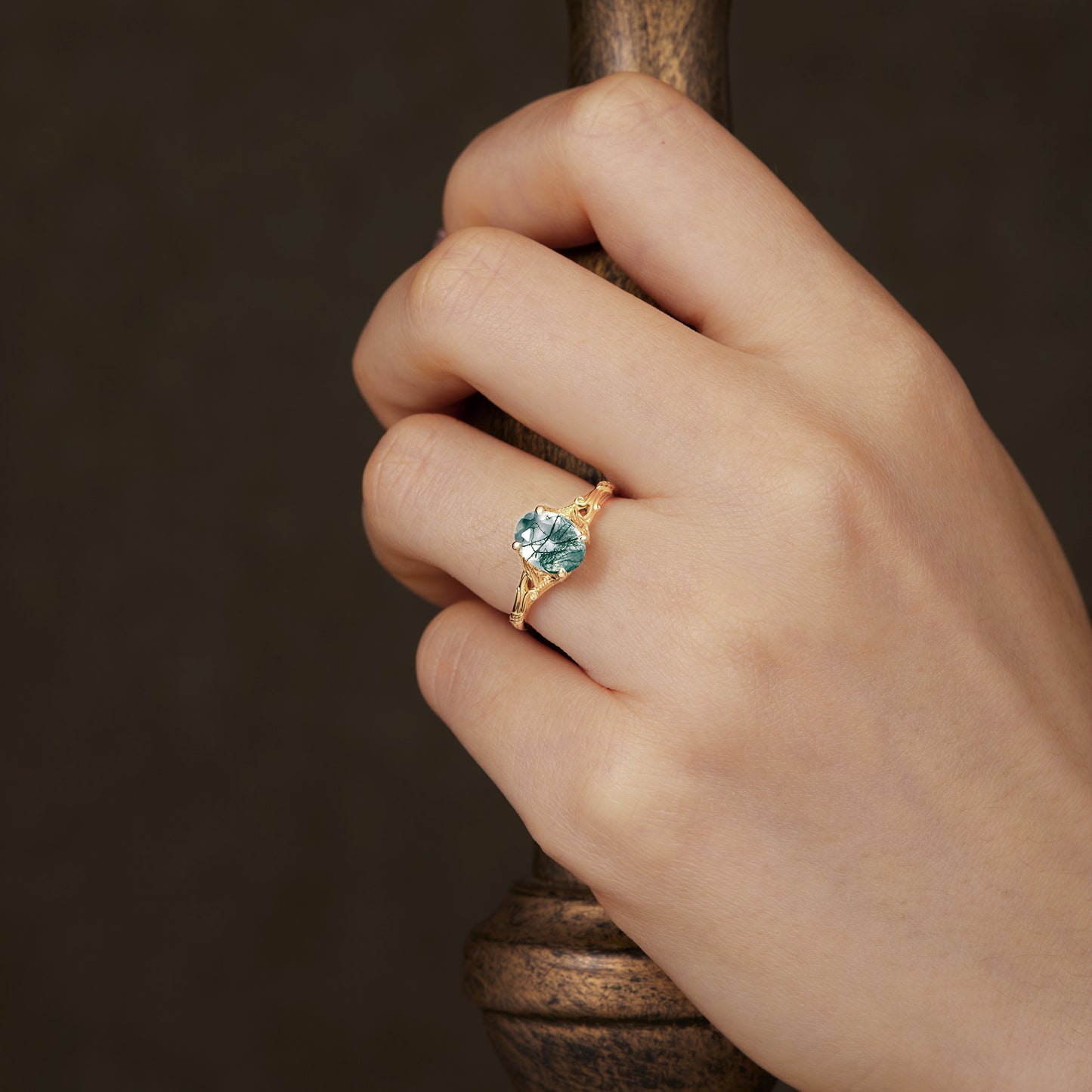 Oval Cut Moss Agate Leaf and Filigree Ring - Isla