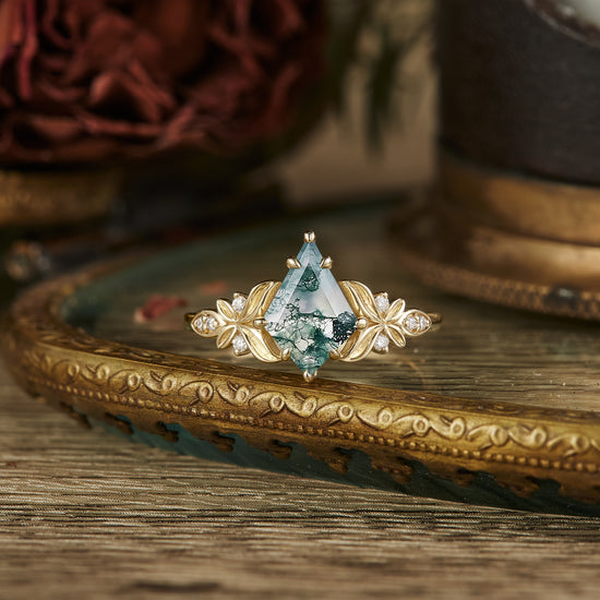 Kite Cut Moss Agate Engagement Ring - Evelyn