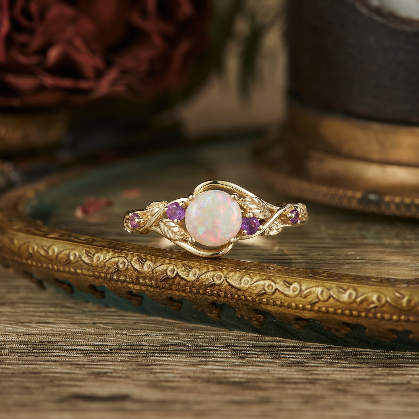 Round Cut Opal Ring with Amethyst - Dorothy