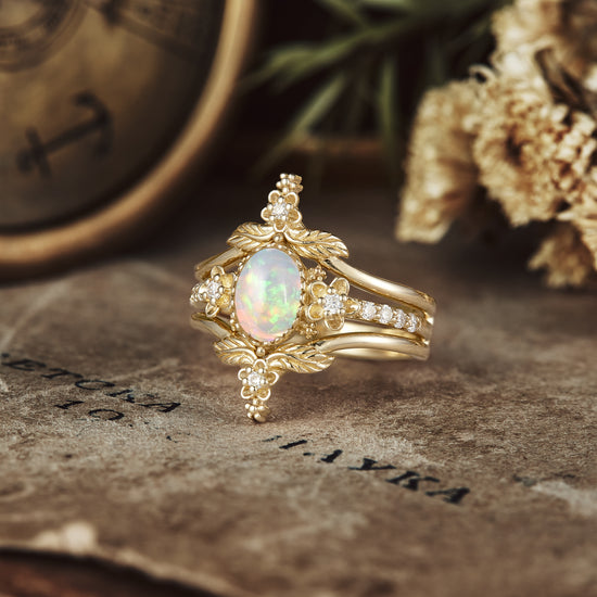 Hera's Opal Garden: A Floral and Leafy Ring Set