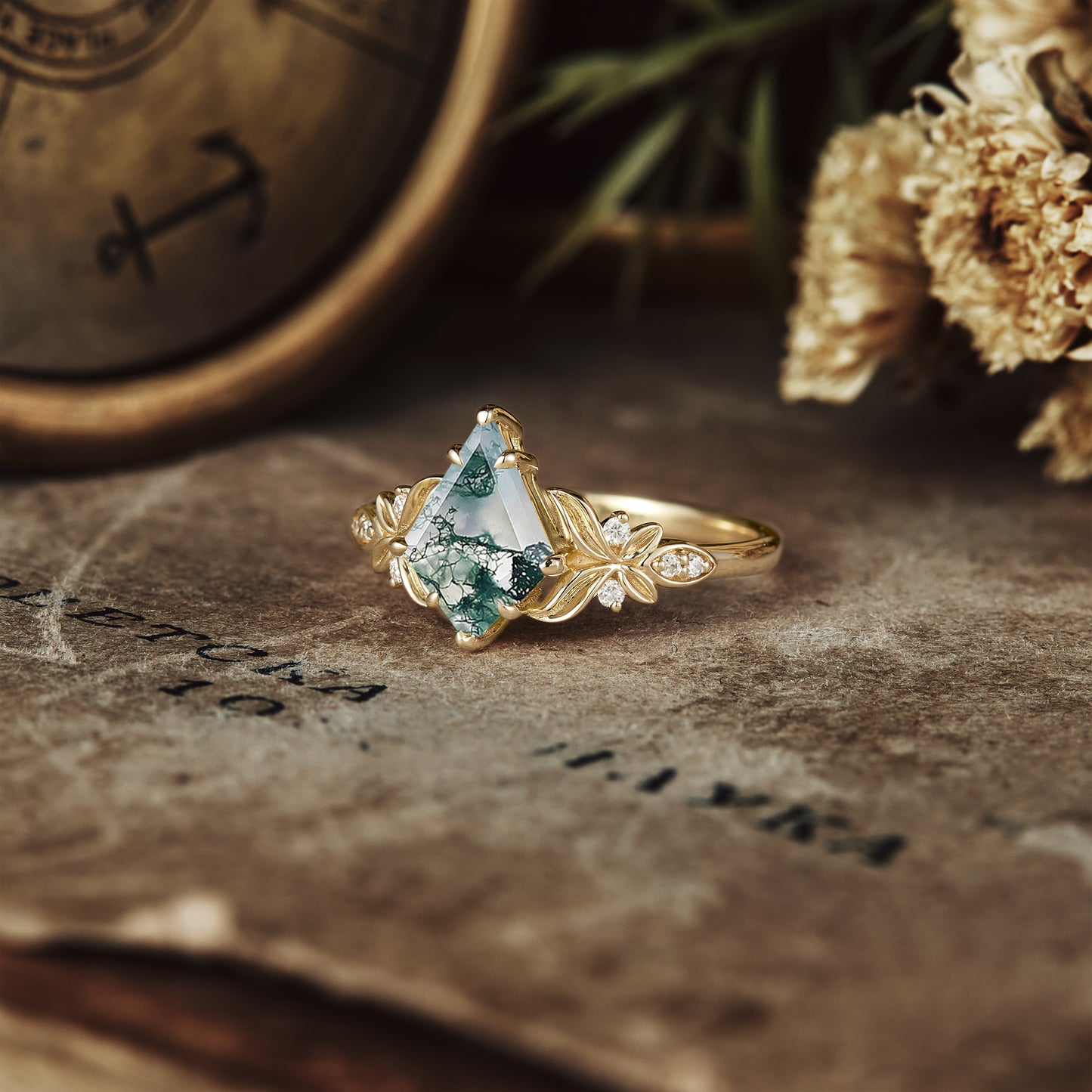 Kite Cut Moss Agate Engagement Ring - Evelyn