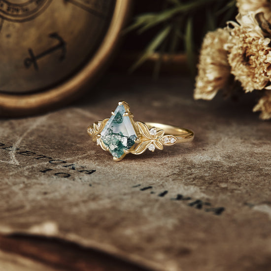 Kite Cut Moss Agate Engagement Ring - Evelyn