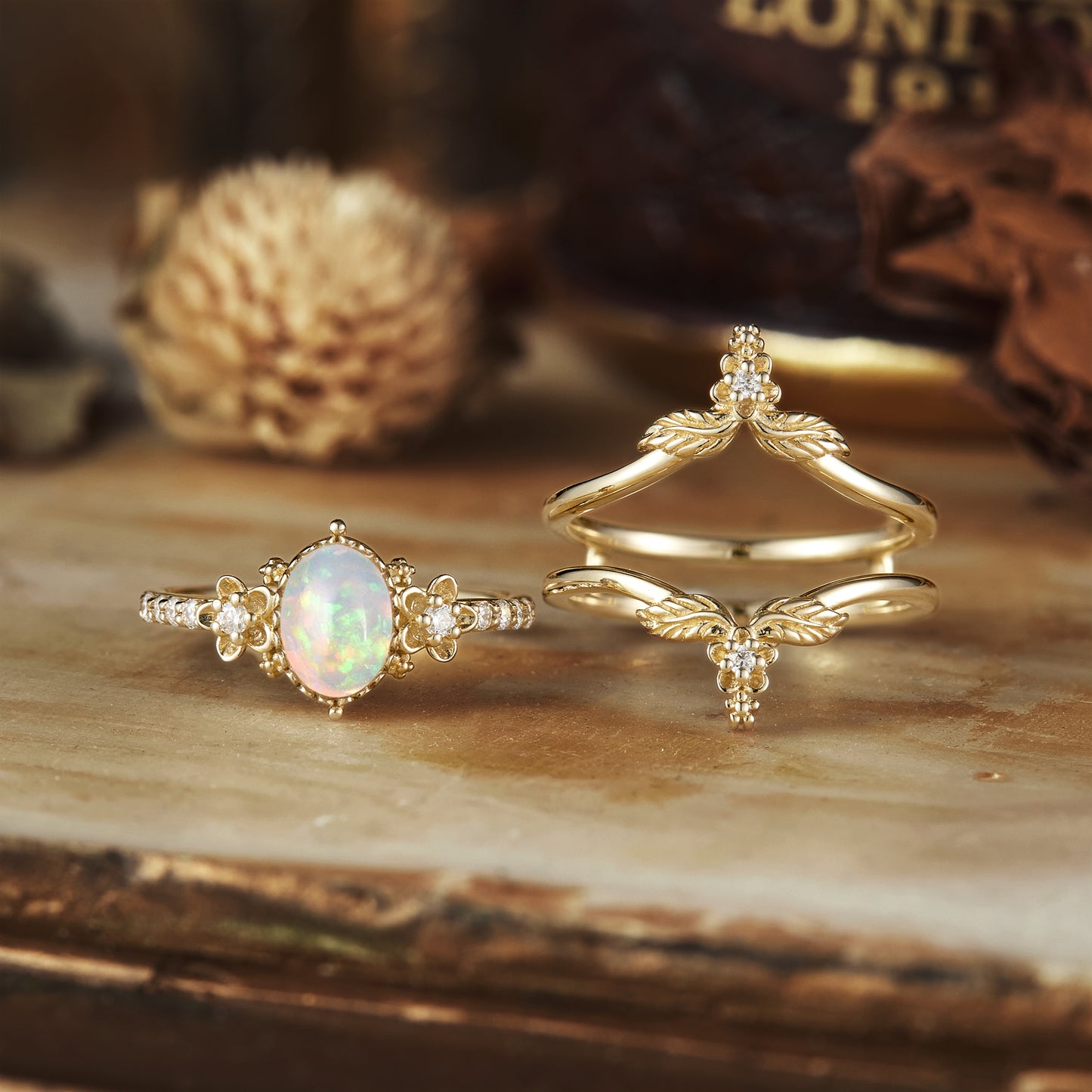 Hera's Opal Garden: A Floral and Leafy Ring Set