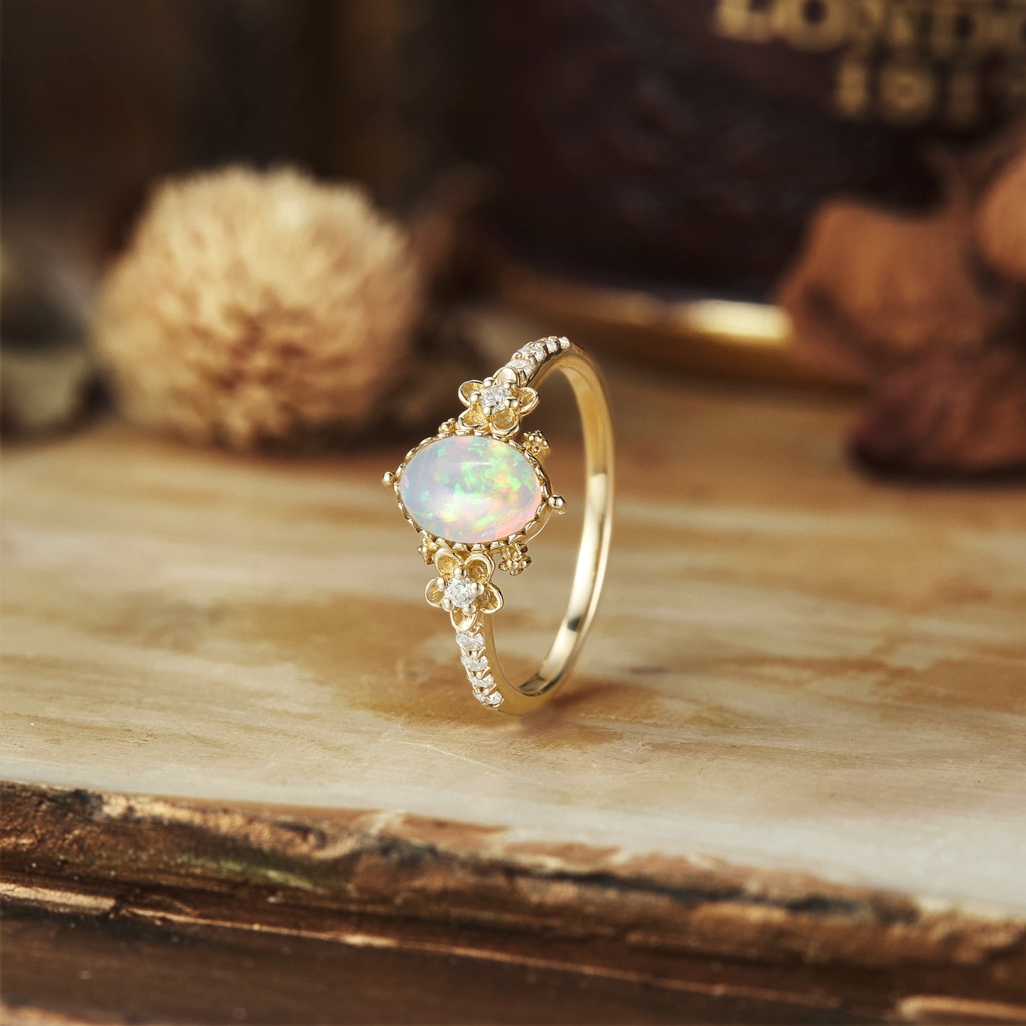 Hera's Opal Garden: A Floral and Leafy Ring