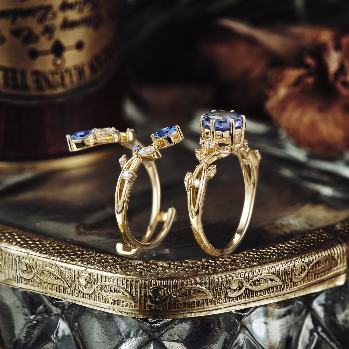 Nature-inspired hexagon sapphire ring set with moissanite accents in gold