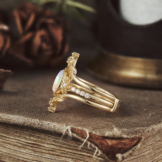 Hera's Opal Garden: A Floral and Leafy Ring Set