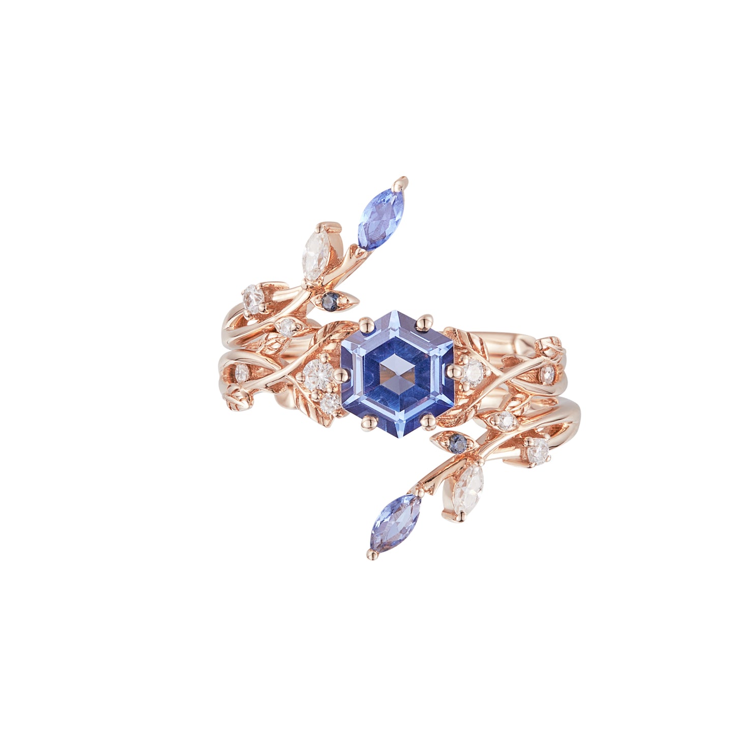 Hexagon sapphire and vine ring set with moissanite details in rose gold design