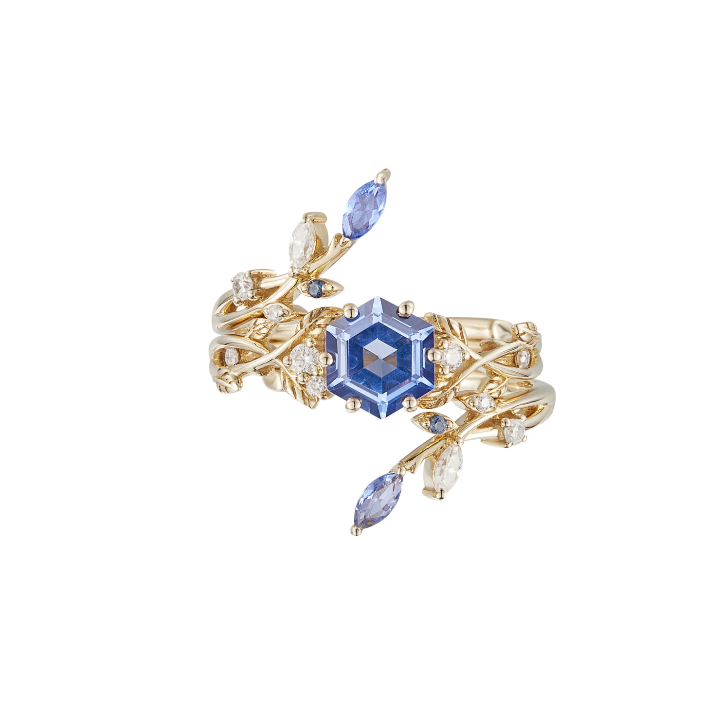 Hexagon blue sapphire and vine ring set with moissanite in gold.