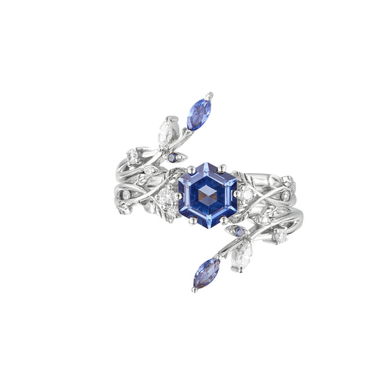 Hexagon sapphire vine ring set with blue sapphire and moissanite on silver band