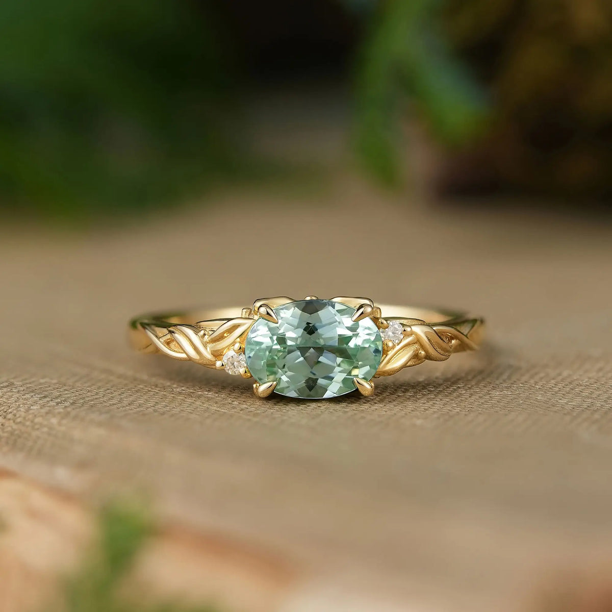 Oval Cut Green Sapphire Leaf & Butterfly Inspired Cathedral Setting Engagement Ring - Daphne | GemsMagic