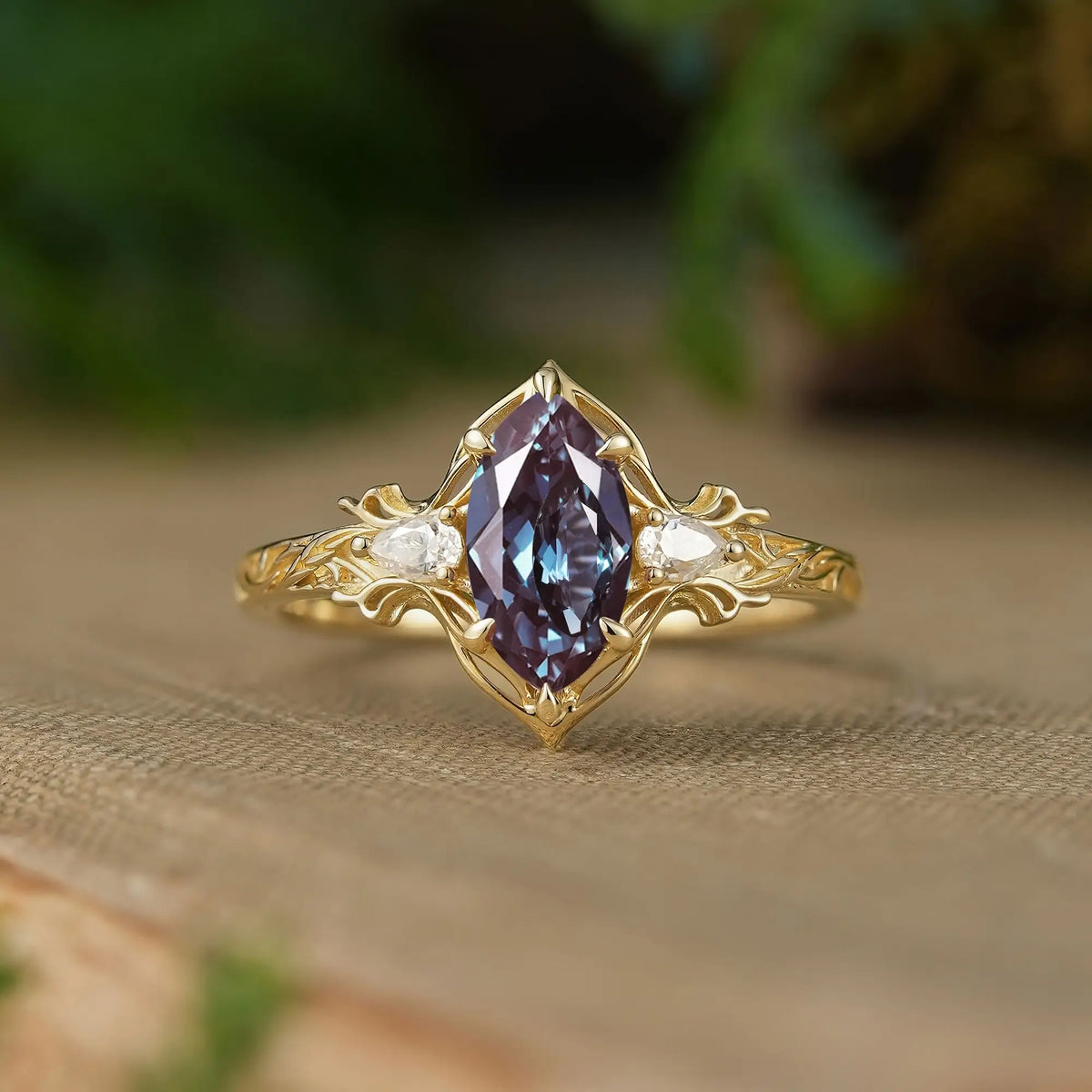 Unique Marquise Cut Alexandrite Openwork Leaf And Vine Inspired Art Nouveau Engagement Ring - Ianthe | GemsMagic