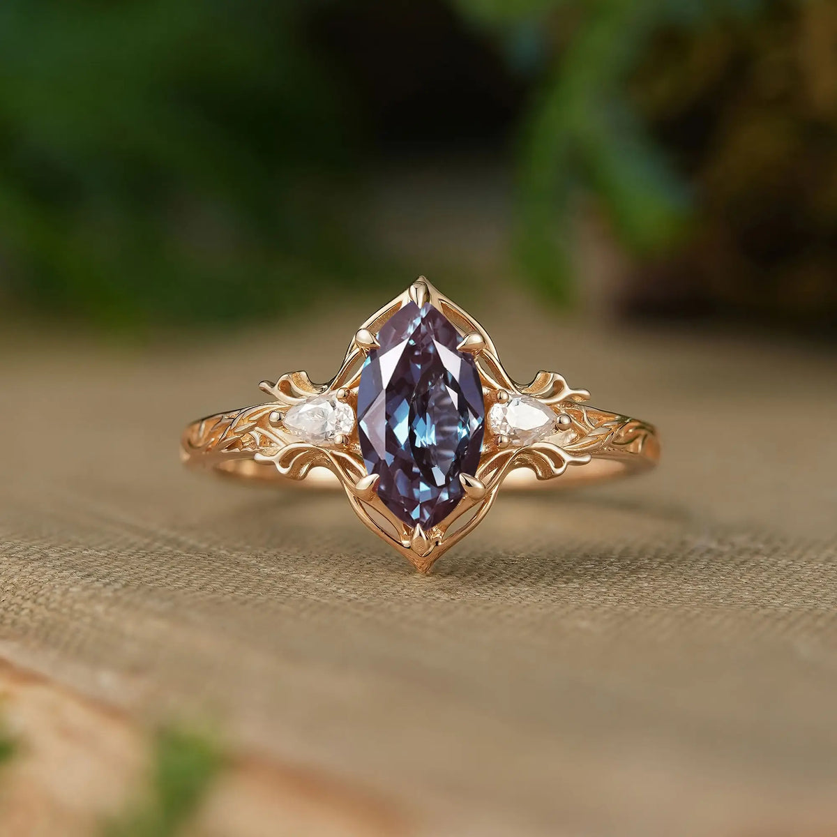 Unique Marquise Cut Alexandrite Openwork Leaf And Vine Inspired Art Nouveau Engagement Ring - Ianthe | GemsMagic