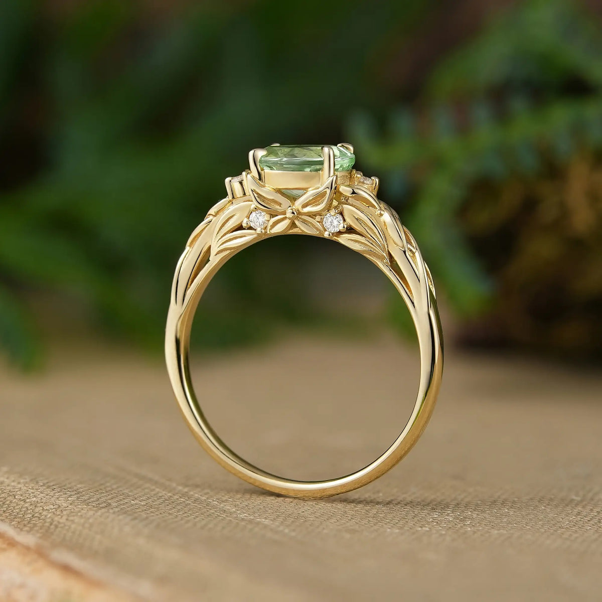 Oval Cut Green Sapphire Leaf & Butterfly Inspired Cathedral Setting Engagement Ring - Daphne | GemsMagic