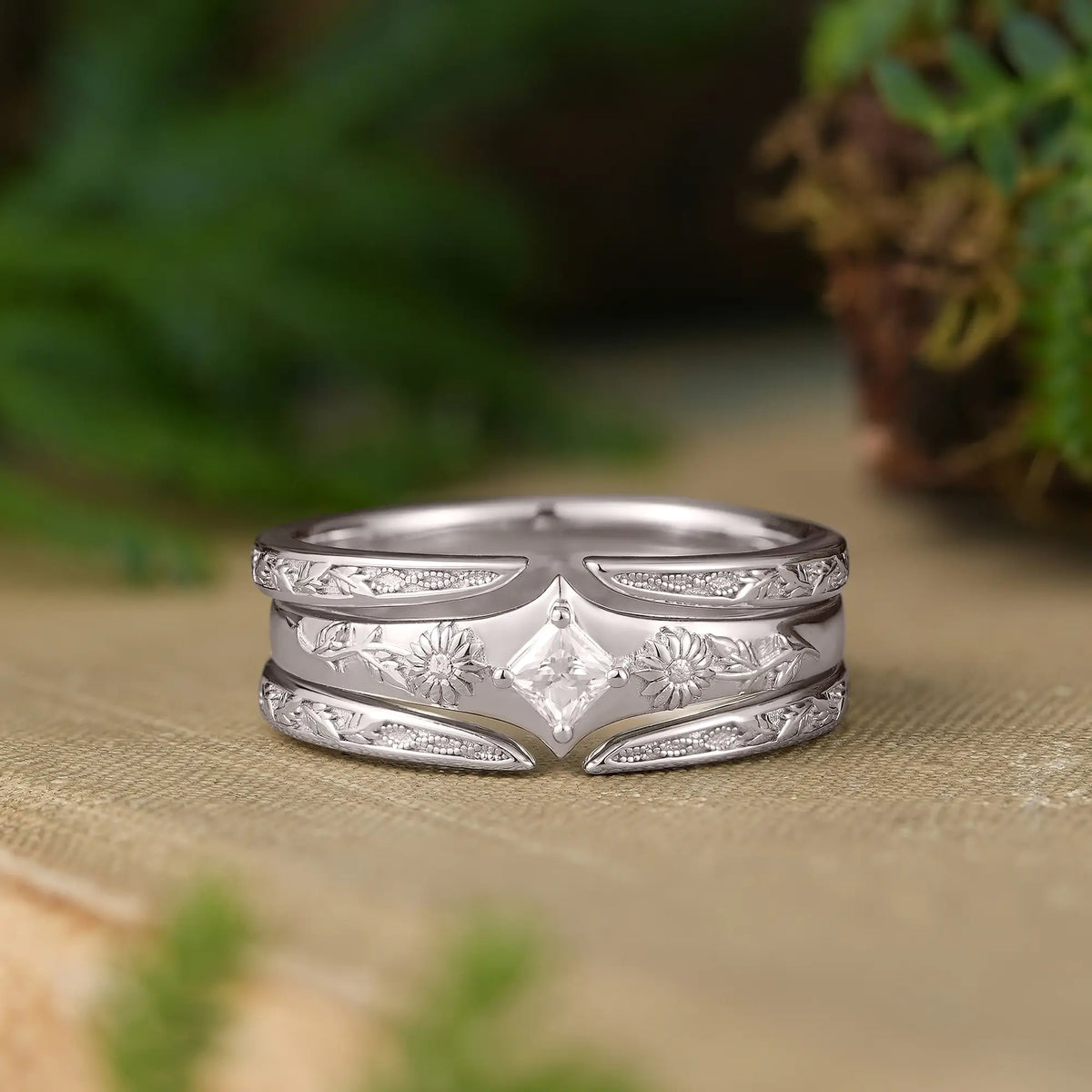 Unique Princess Cut Moissanite Sunflower Inspired Men's Ring With Leaf Milgrain Ring Enhancer - Aurelio | GemsMagic