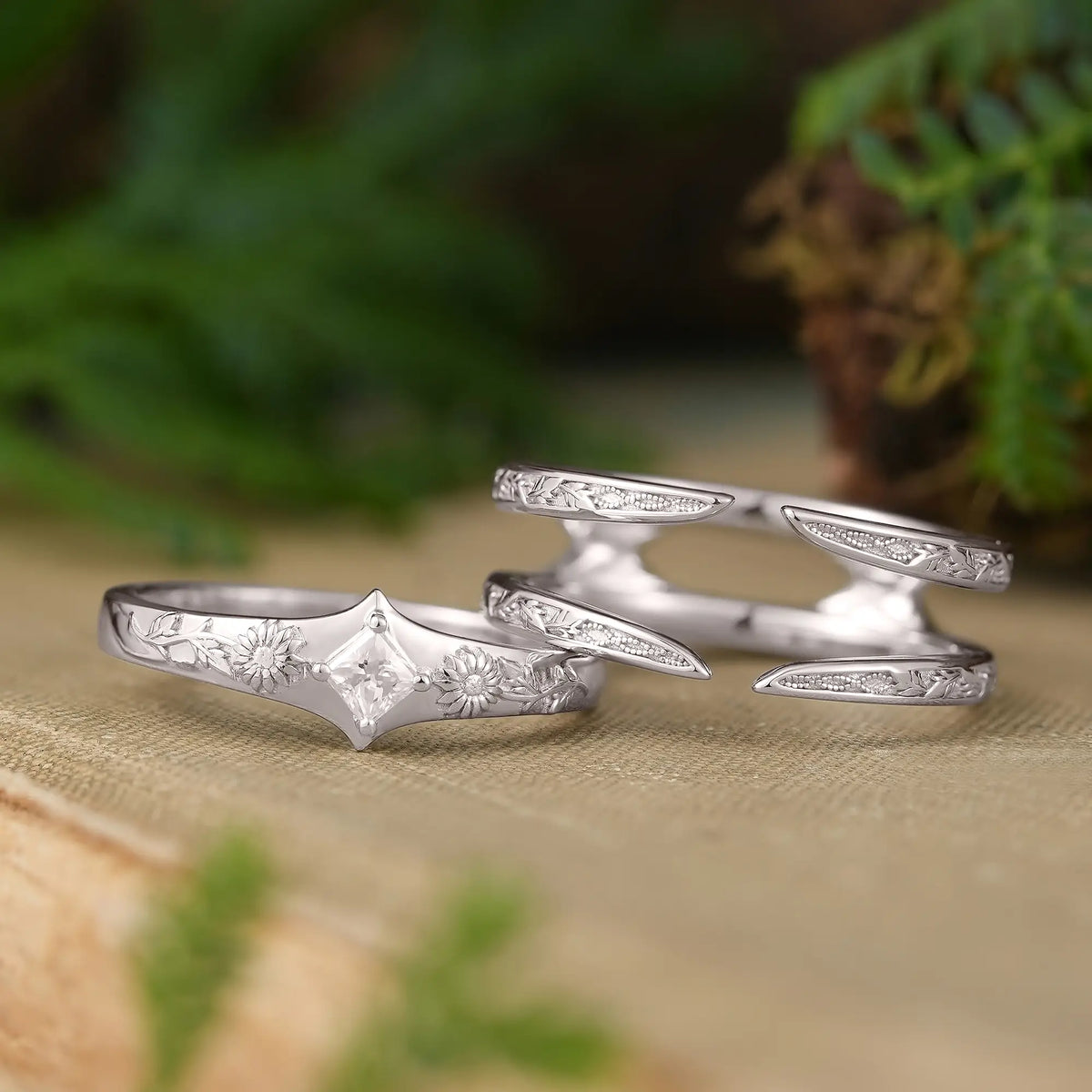 Unique Princess Cut Moissanite Sunflower Inspired Men's Ring With Leaf Milgrain Ring Enhancer - Aurelio | GemsMagic