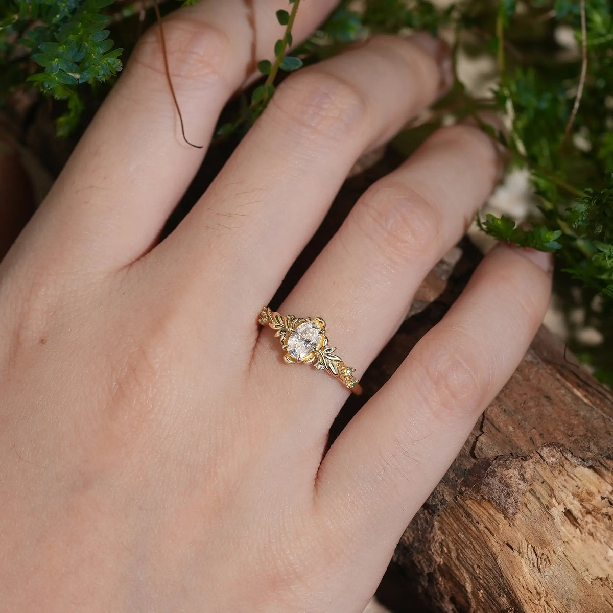 Dainty Oval Cut Moissanite Flower Inspired Milgrain Promise Ring - Nerine | GemsMagic