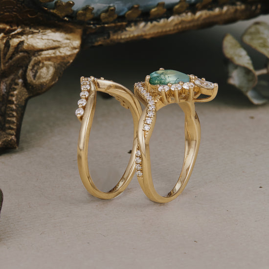GemsMagic Crown Inspired Moss Agate Ring Set 2pcs