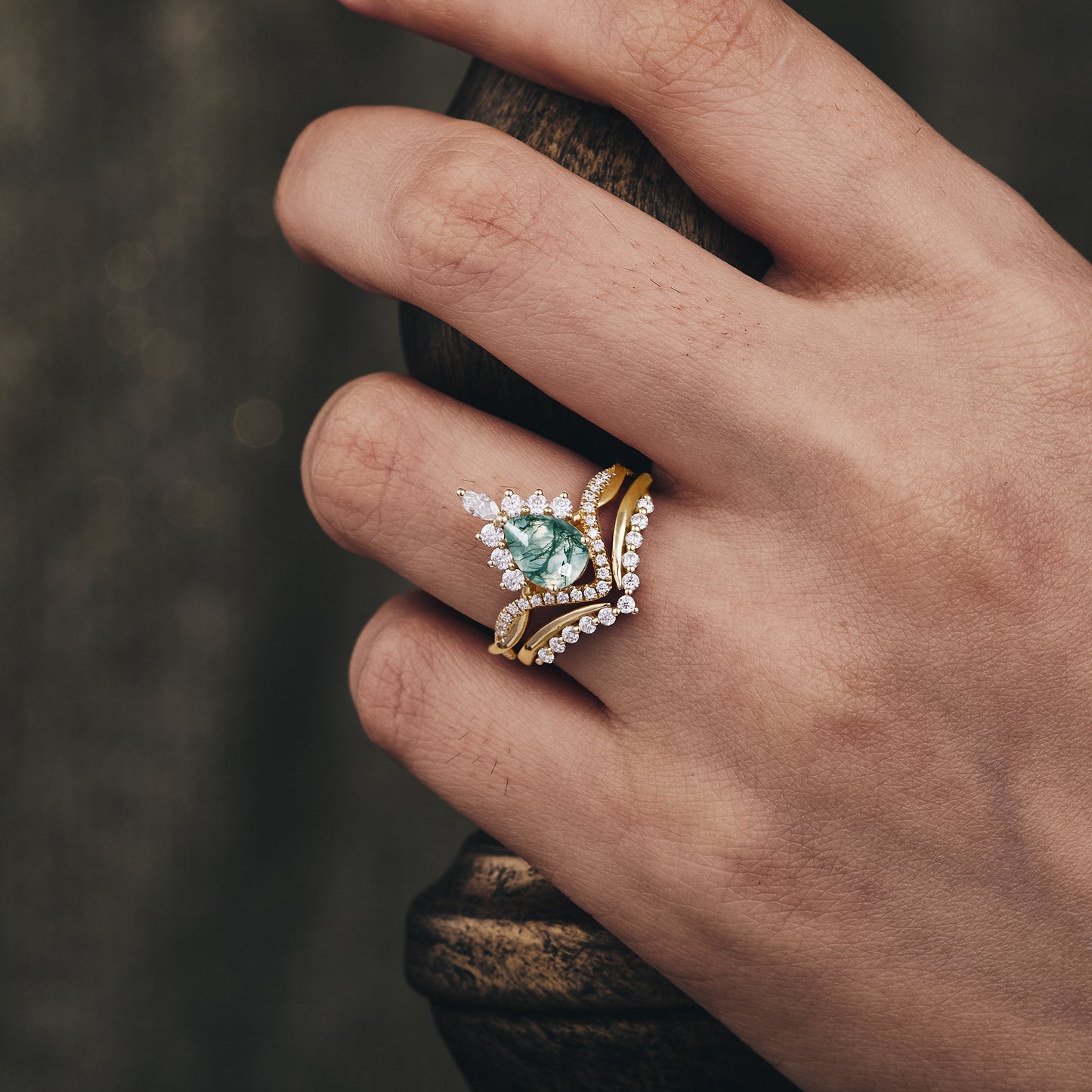 GemsMagic Crown Inspired Moss Agate Ring Set 2pcs