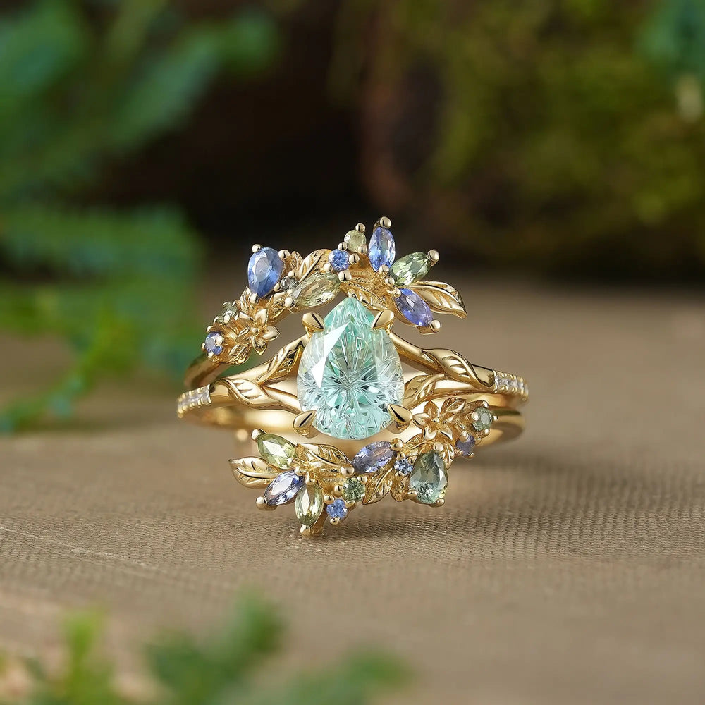 Whimsical Sparkle Cut Pear Green Sapphire Leaf Inspired Bridal Ring Set With Ring Enhancer - Veralia | GemsMagic