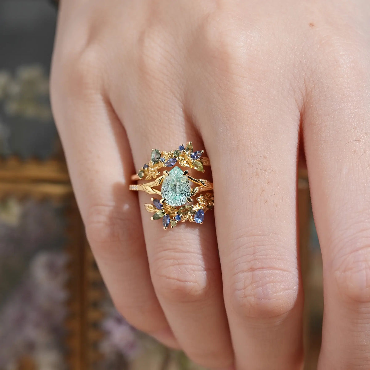 Whimsical Sparkle Cut Pear Green Sapphire Leaf Inspired Bridal Ring Set With Ring Enhancer - Veralia | GemsMagic