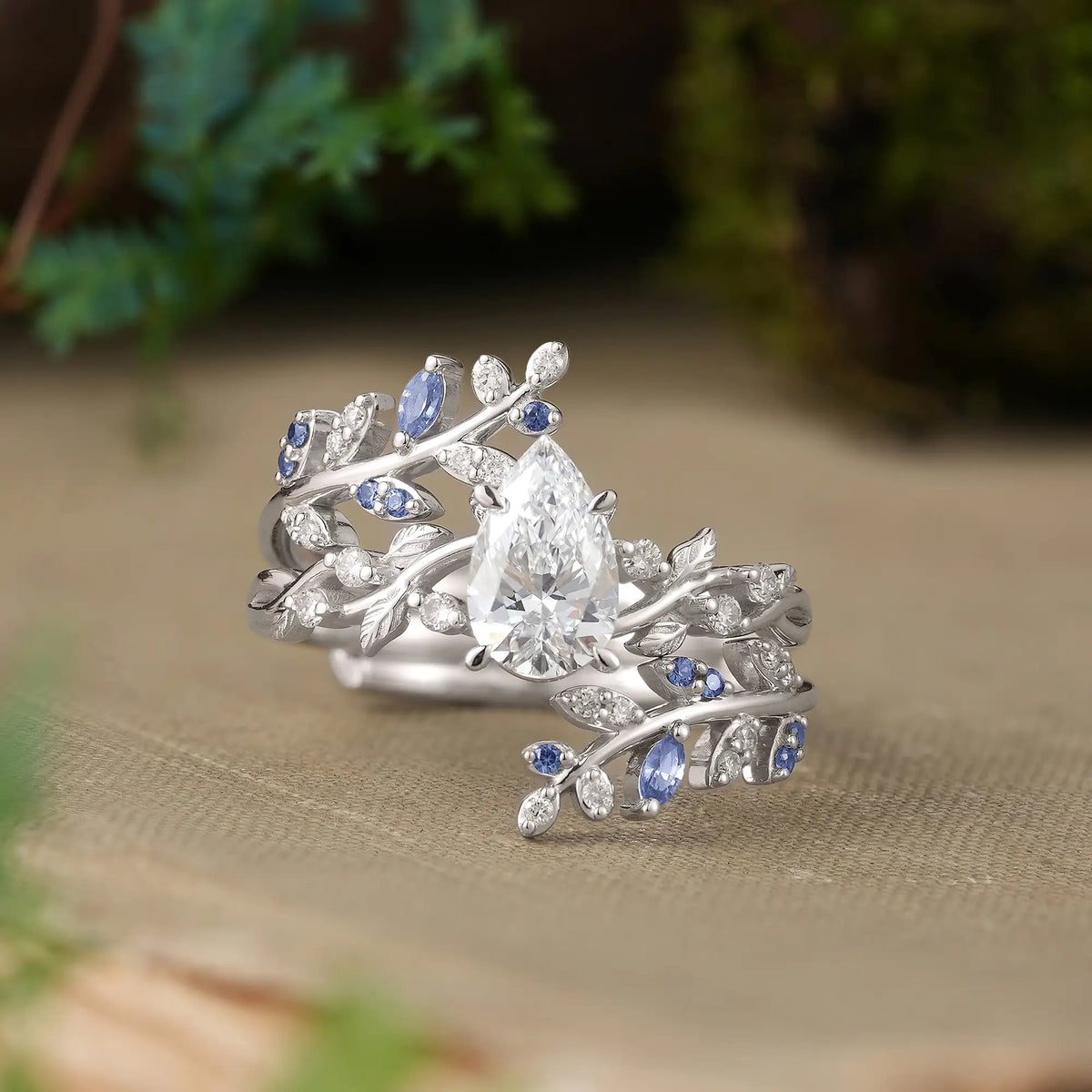 Lab Grown Diamond & Sapphire Bridal Ring Set With Aphrodite's Enchanted Vine Ring Enhancer - Leah