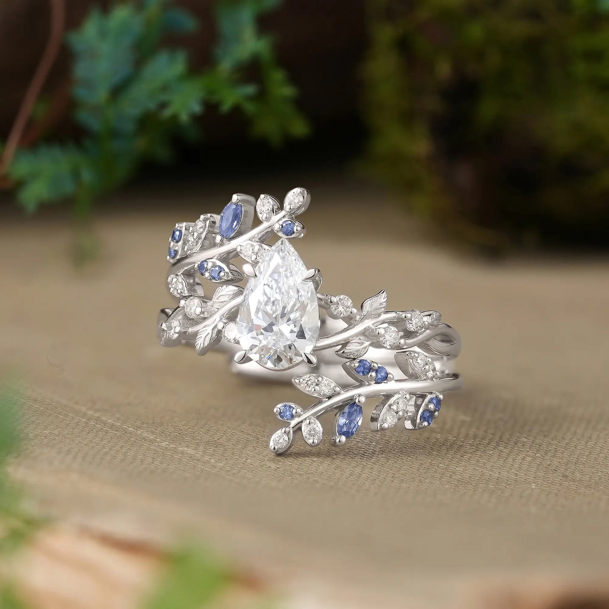 Lab Grown Diamond & Sapphire Bridal Ring Set With Aphrodite's Enchanted Vine Ring Enhancer - Leah