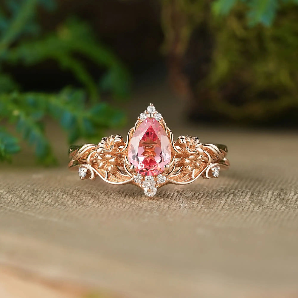 Pear Cut Padparadscha Gladiolus Flower Nature Inspired New Art Nouveau Bridal Ring Set - Cordelia | GemsMagic