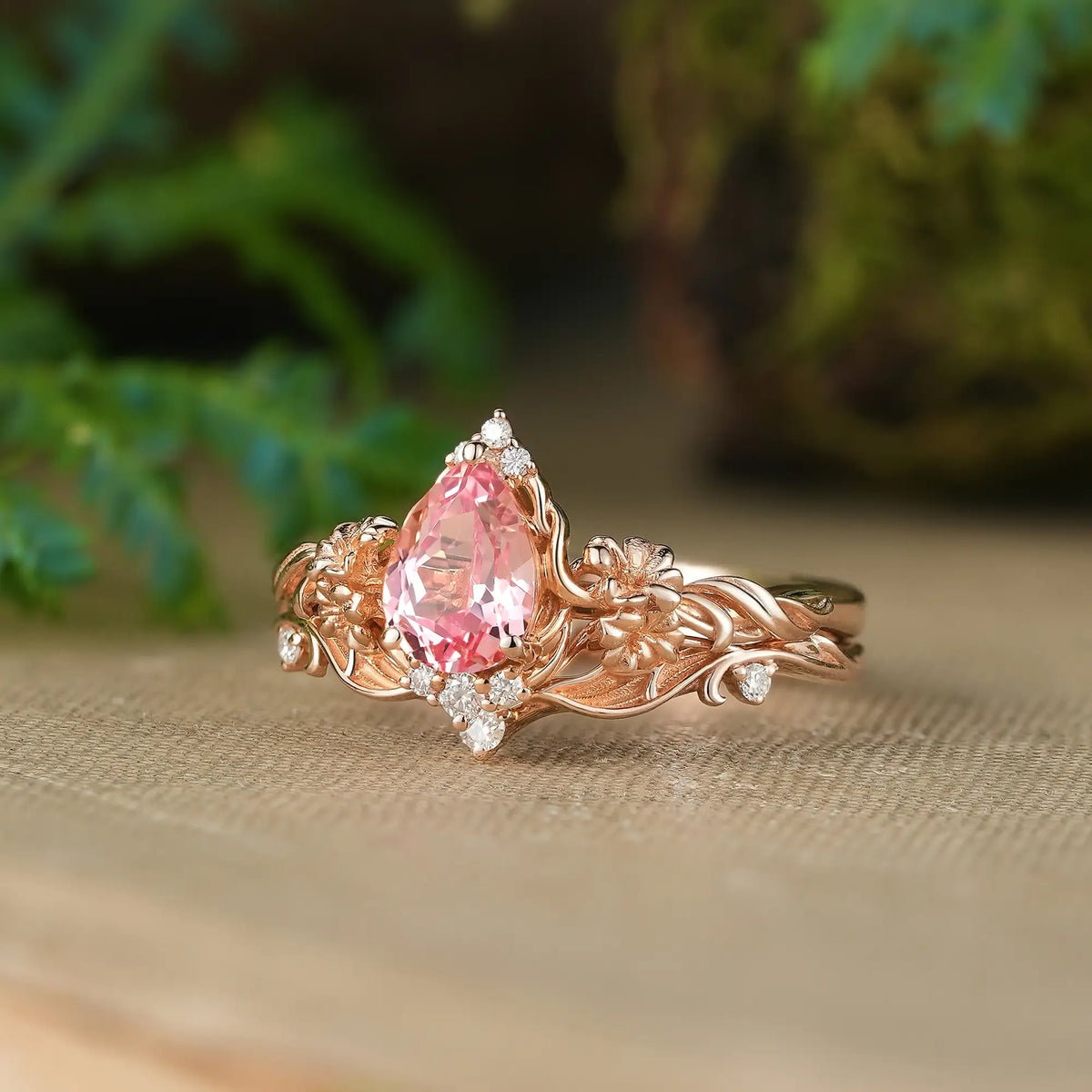 Pear Cut Padparadscha Gladiolus Flower Nature Inspired New Art Nouveau Bridal Ring Set - Cordelia | GemsMagic
