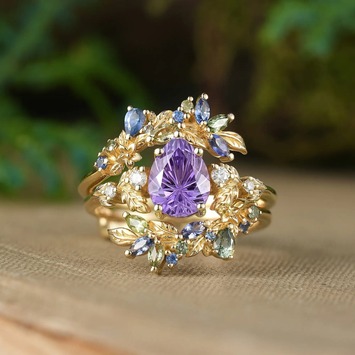 Sparkle Cut Pear Purple Sapphire Leaf Inspired Whimsical Bridal Ring Set With Ring Enhancer - Virelia | GemsMagic
