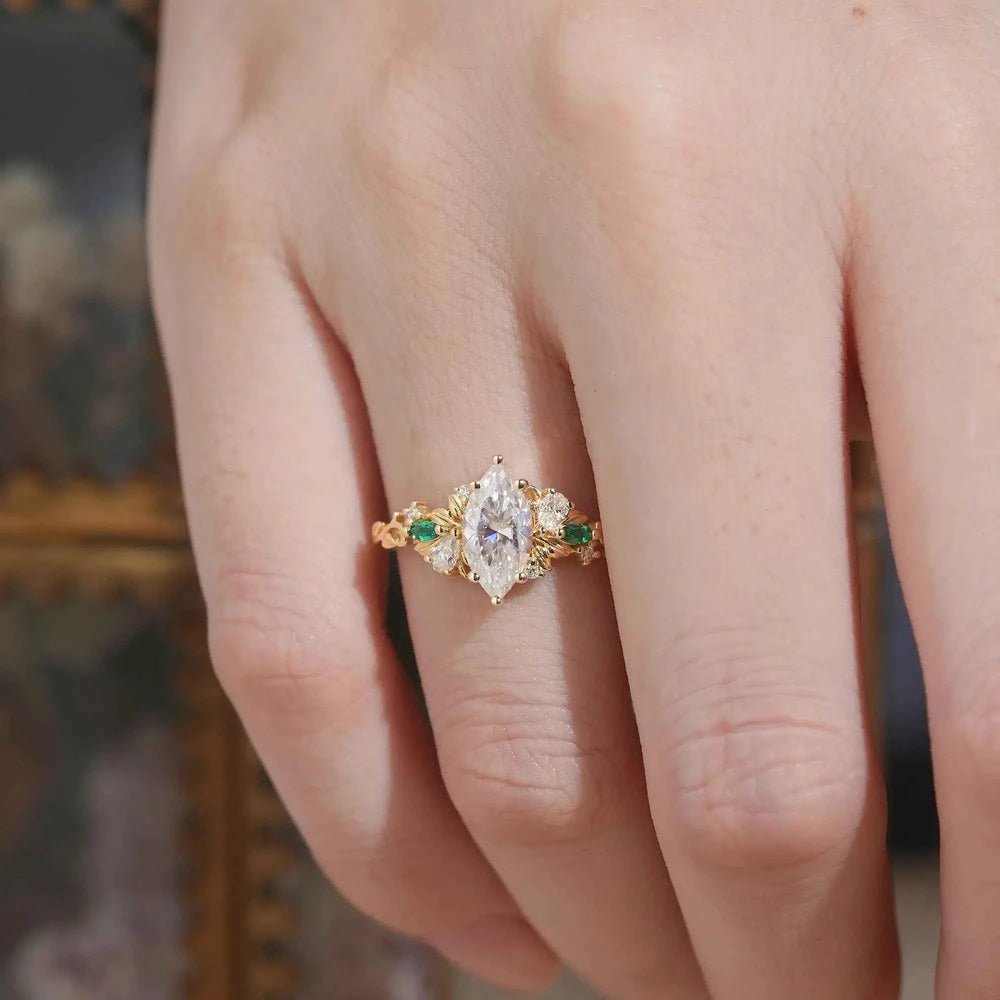 Nature Inspired Marquise Cut Moissanite Leaf Engagement Ring - Fiora | GemsMagic