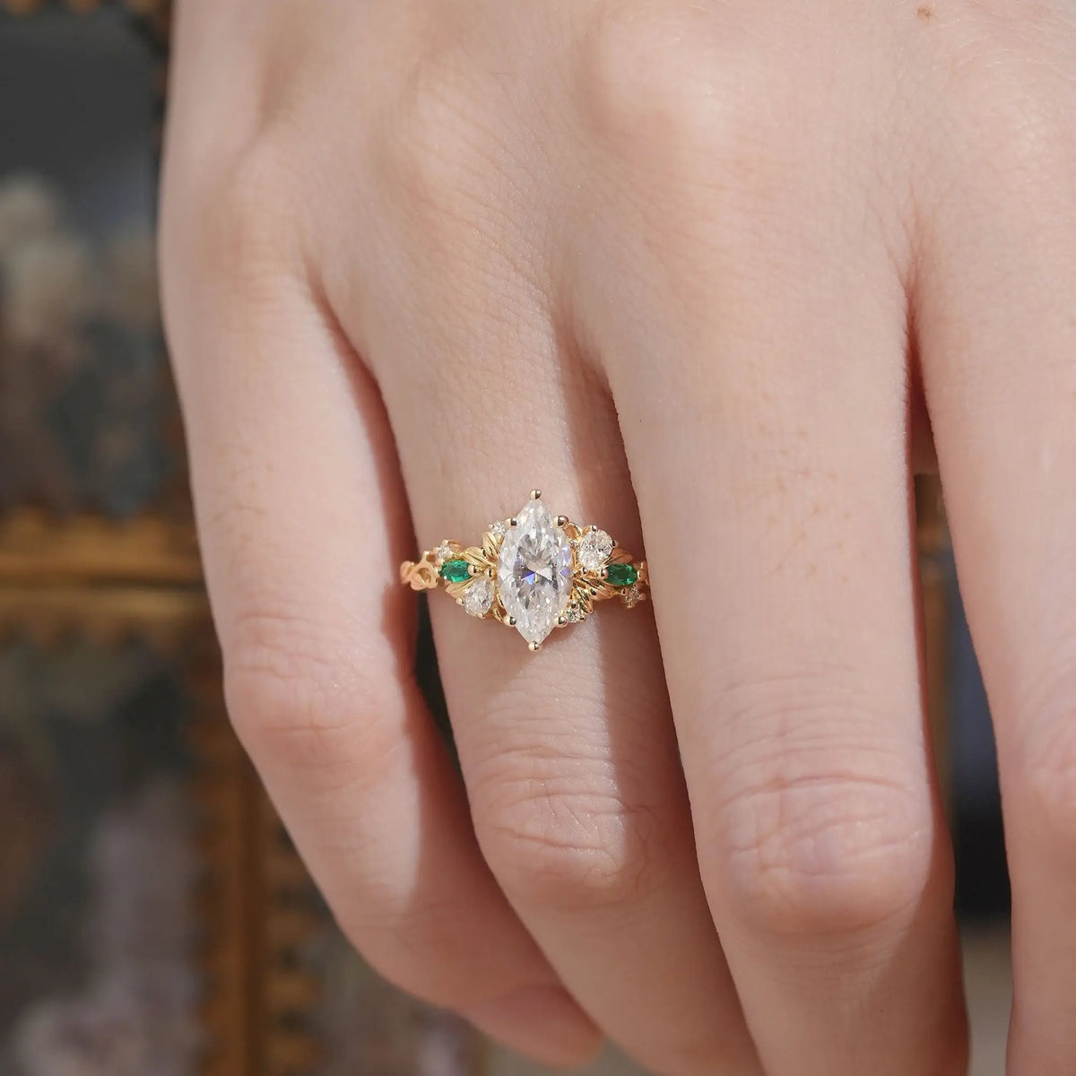 Nature Inspired Marquise Cut Moissanite Leaf Engagement Ring - Fiora | GemsMagic