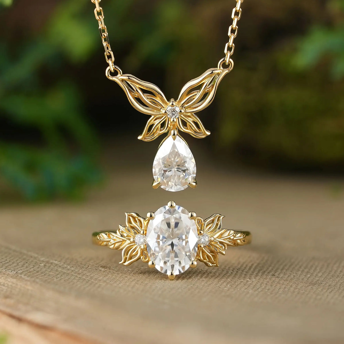 Moissanite Butterfly Inspired Engagement Ring & Necklace Engraved Leaf Mariselle Jewelry Sets | GemsMagic