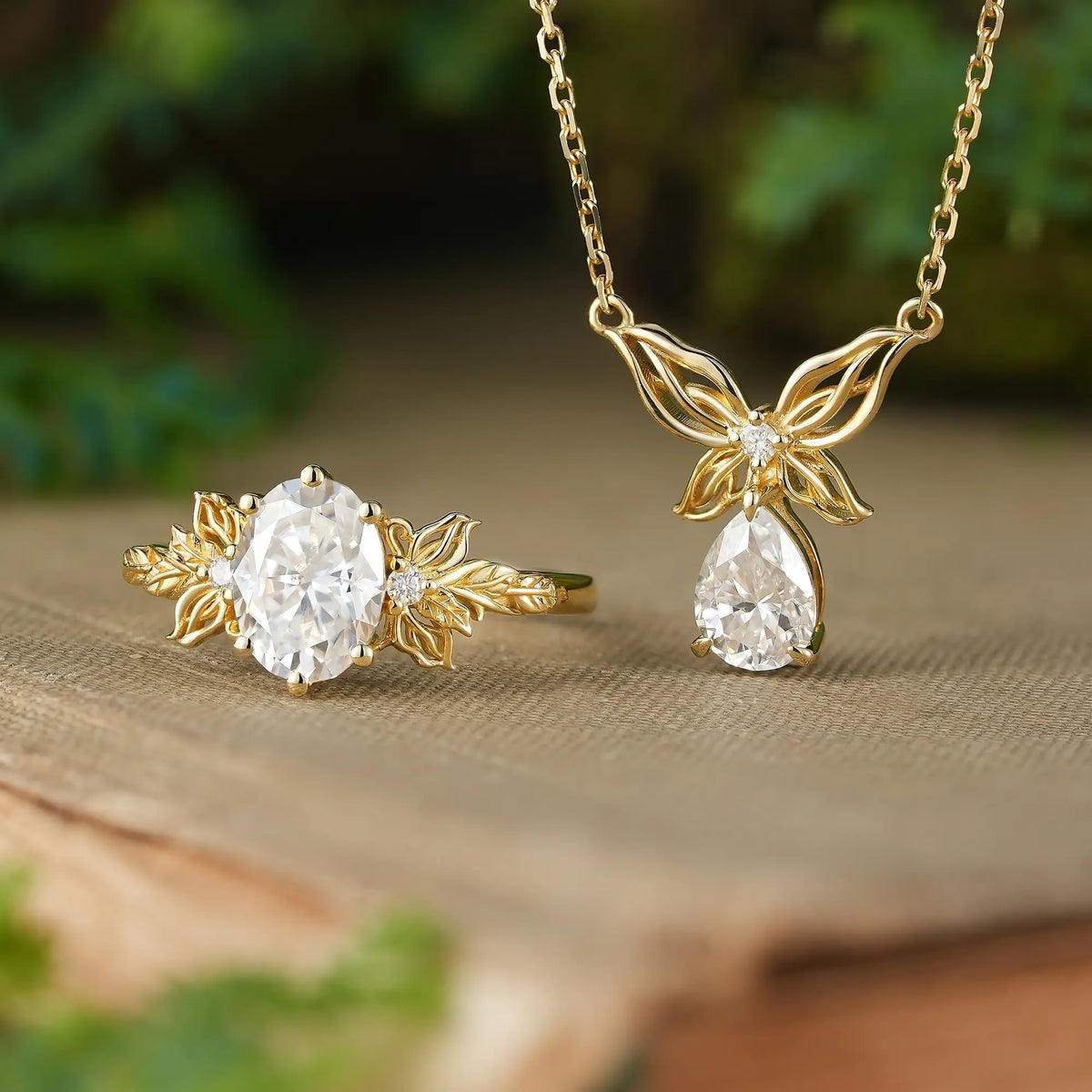 Moissanite Butterfly Inspired Engagement Ring & Necklace Engraved Leaf Mariselle Jewelry Sets | GemsMagic