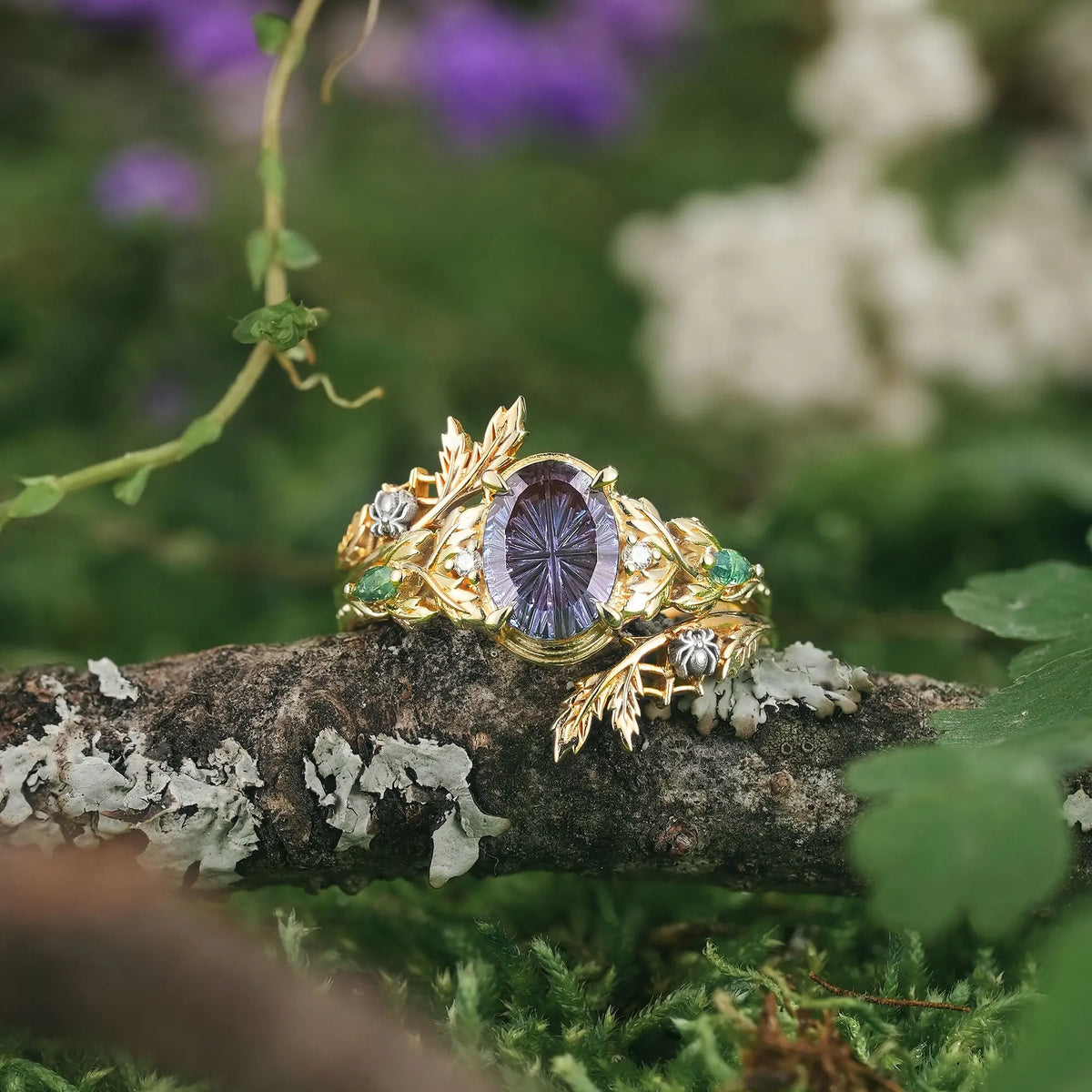 Fantasy Cut Alexandrite Nature Inspired Leaf Bridal Ring Set With Spider Ring Enhancer - Ariadne | GemsMagic