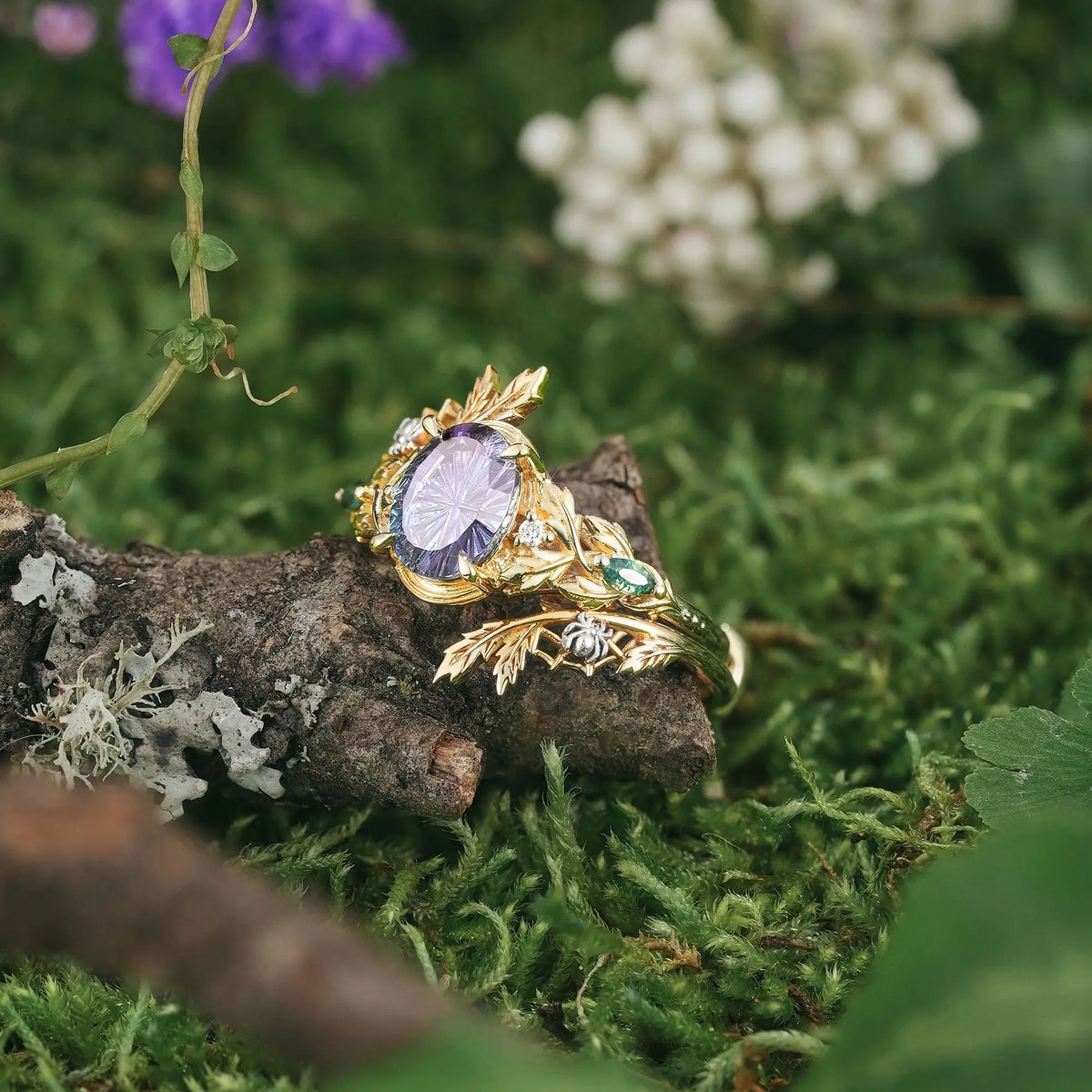 Fantasy Cut Alexandrite Nature Inspired Leaf Bridal Ring Set With Spider Ring Enhancer - Ariadne | GemsMagic