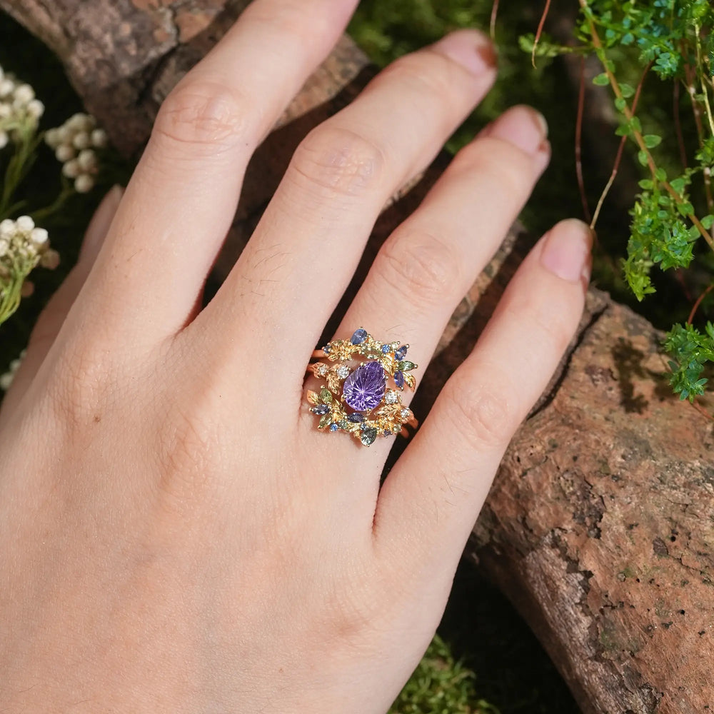 Sparkle Cut Pear Purple Sapphire Leaf Inspired Whimsical Bridal Ring Set With Ring Enhancer - Virelia | GemsMagic