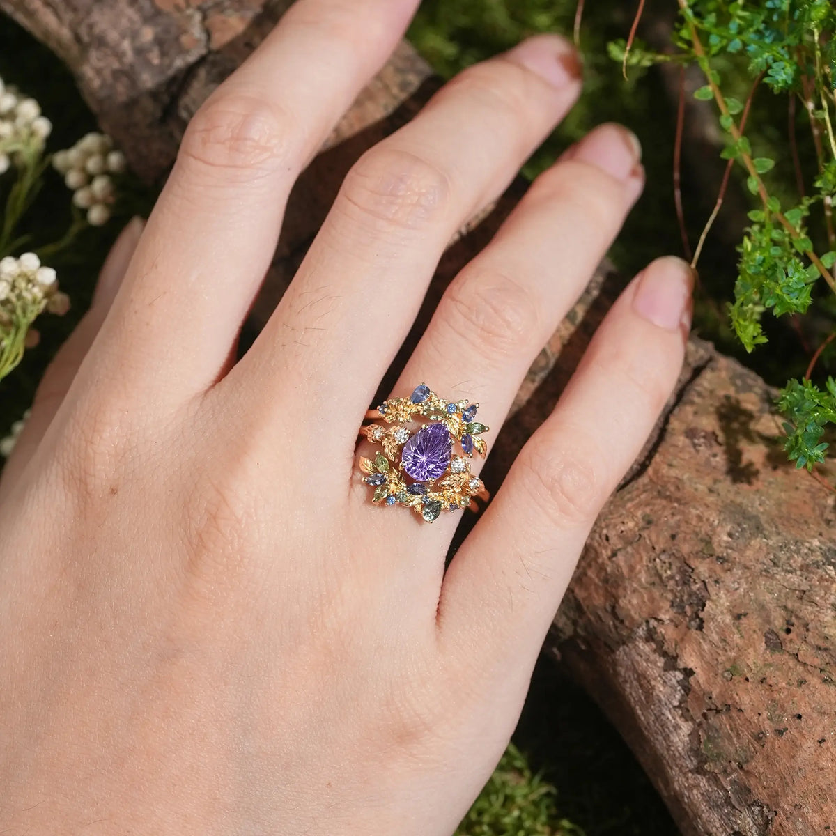Sparkle Cut Pear Purple Sapphire Leaf Inspired Whimsical Bridal Ring Set With Ring Enhancer - Virelia | GemsMagic