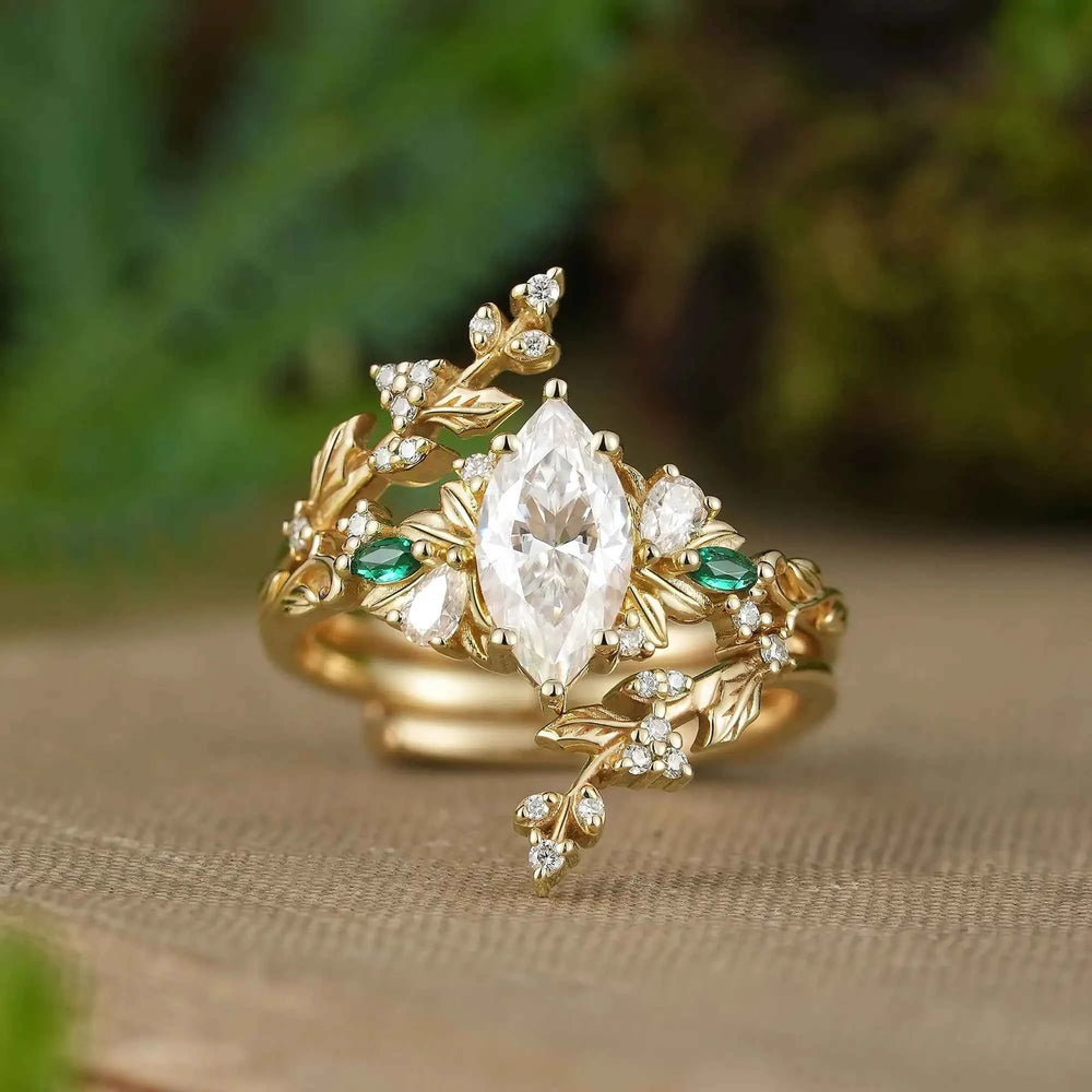 Marquise Cut Moissanite Leaf Inspired Fiora Bridal Ring Set With Mistletoe Ring Enhancer | GemsMagic