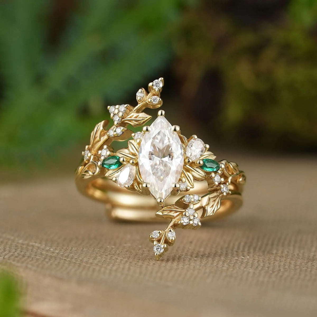 Marquise Cut Moissanite Leaf Inspired Fiora Bridal Ring Set With Mistletoe Ring Enhancer | GemsMagic