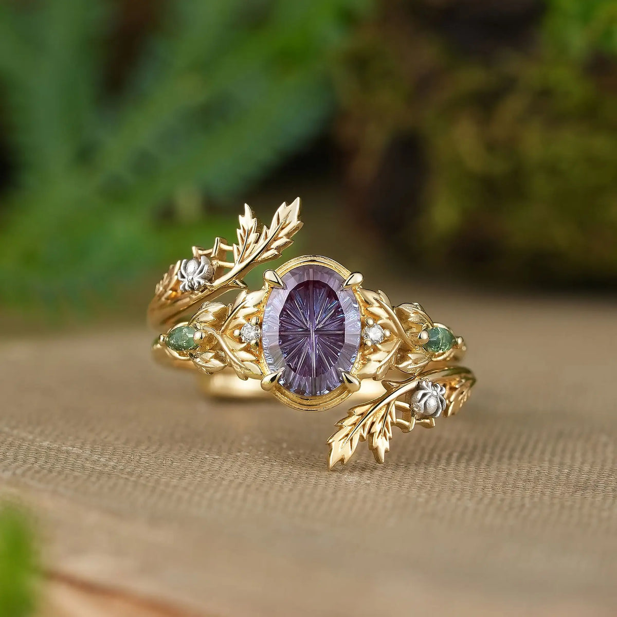 Fantasy Cut Alexandrite Nature Inspired Leaf Bridal Ring Set With Spider Ring Enhancer - Ariadne | GemsMagic